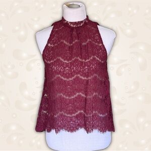 Love, Fire Elegant Lined  Lace Halter Top - Burgundy Sz S/P